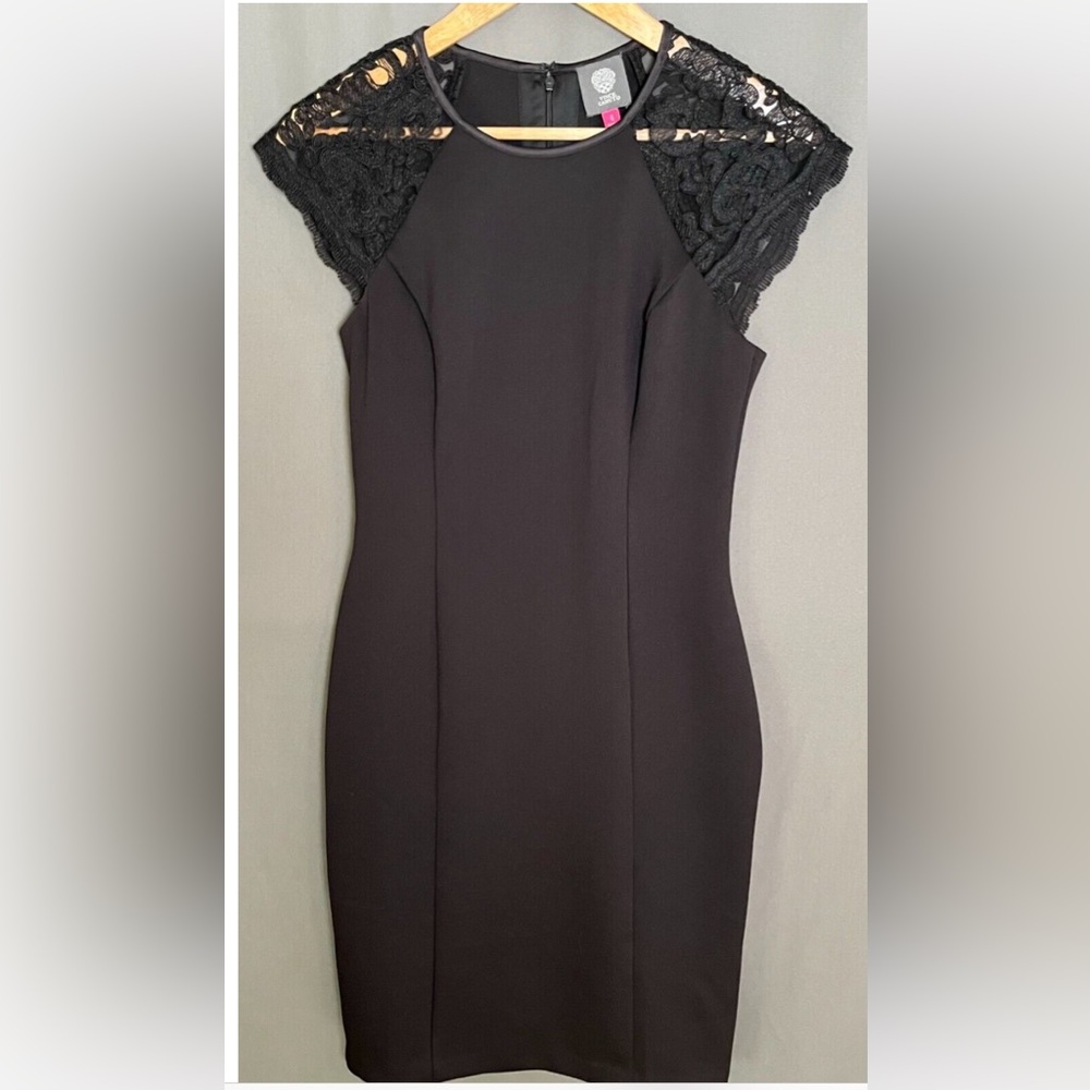 Vince Camuto black scuba dress with lace cap sleeves, size 6